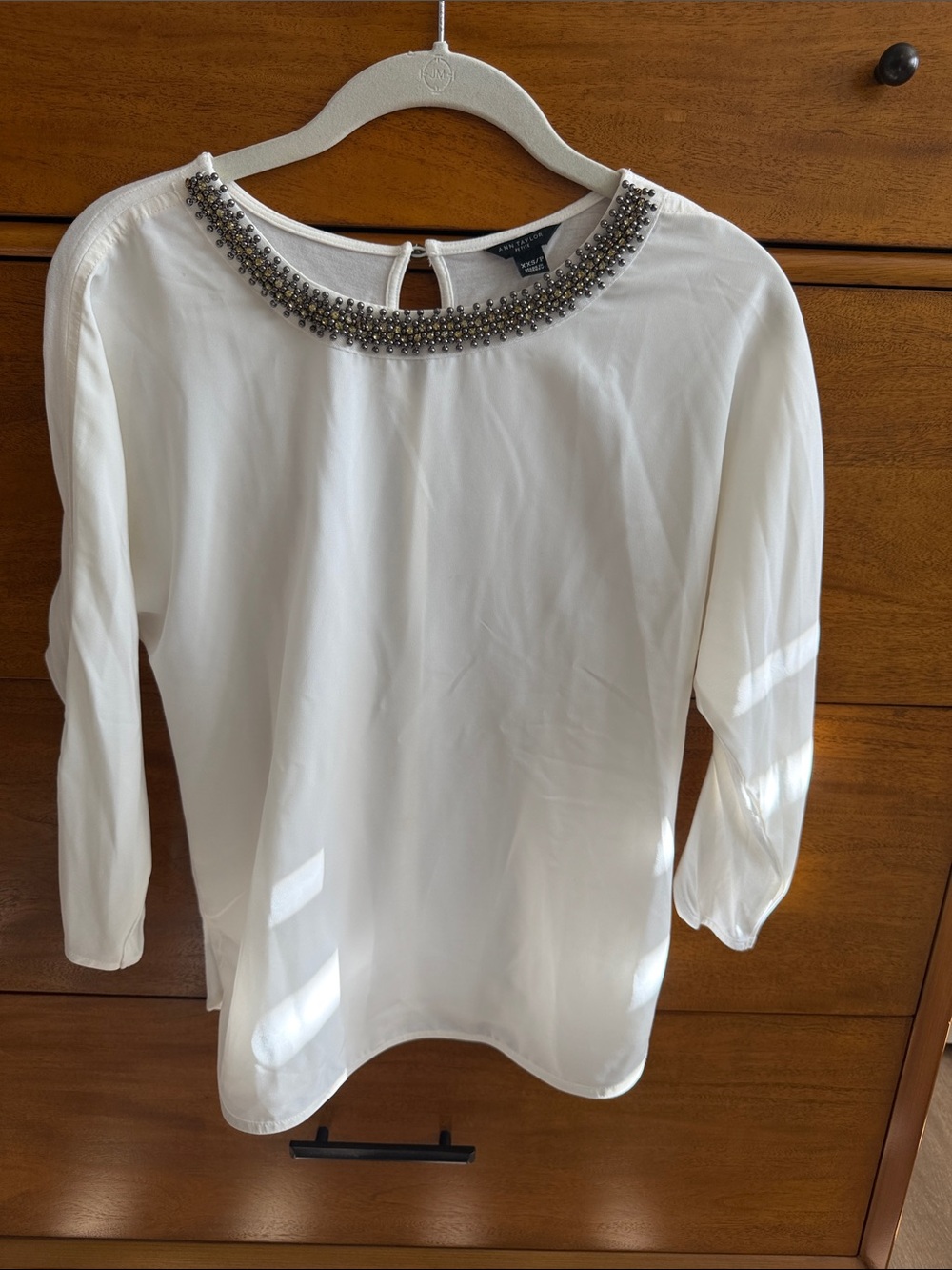 Ann Taylor Petite White Beaded Neckline Blouse